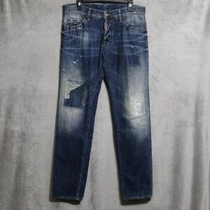 Dsquared2 Jeans Mens 35x33 Blue Distressed Patchwork Straight Denim Italy Made